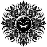 Preto e branco silhueta do uma Sol símbolo com uma sorridente feliz face vetor