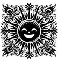 Preto e branco silhueta do uma Sol símbolo com uma sorridente feliz face vetor