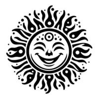 Preto e branco silhueta do uma Sol símbolo com uma sorridente feliz face vetor