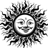 Preto e branco silhueta do uma Sol símbolo com uma sorridente feliz face vetor