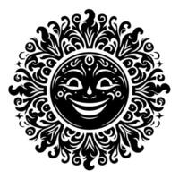 Preto e branco silhueta do uma Sol símbolo com uma sorridente feliz face vetor