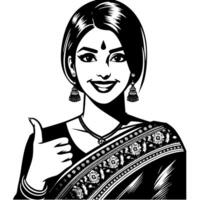 Preto e branco silhueta do uma grupo do uma fêmea indiano mulher segurando polegares acima dentro uma casual equipamento sari vetor