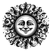 Preto e branco silhueta do uma Sol símbolo com uma sorridente feliz face vetor