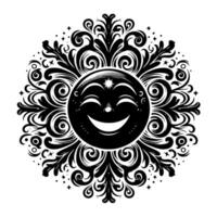 Preto e branco silhueta do uma Sol símbolo com uma sorridente feliz face vetor