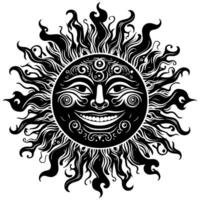 Preto e branco silhueta do uma Sol símbolo com uma sorridente feliz face vetor