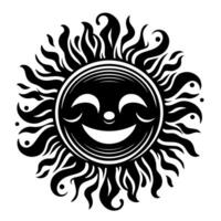 Preto e branco silhueta do uma Sol símbolo com uma sorridente feliz face vetor