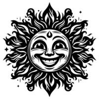 Preto e branco silhueta do uma Sol símbolo com uma sorridente feliz face vetor