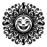 Preto e branco silhueta do uma Sol símbolo com uma sorridente feliz face vetor