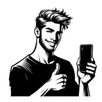 Preto e branco silhueta do uma indiano cara com uma Smartphone e polegares acima vetor