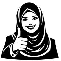 Preto e branco silhueta do uma grupo do uma fêmea muçulmano mulher segurando polegares acima dentro uma casual equipamento vetor