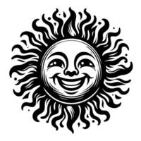 Preto e branco silhueta do uma Sol símbolo com uma sorridente feliz face vetor