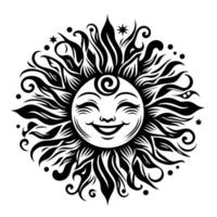 Preto e branco silhueta do uma Sol símbolo com uma sorridente feliz face vetor