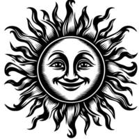 Preto e branco silhueta do uma Sol símbolo com uma sorridente feliz face vetor