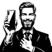 Preto e branco silhueta do uma indiano cara com uma Smartphone e polegares acima vetor