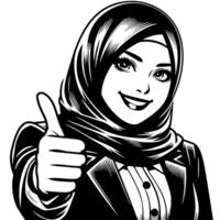 Preto e branco silhueta do uma grupo do uma fêmea muçulmano mulher segurando polegares acima dentro uma casual equipamento vetor
