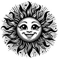 Preto e branco silhueta do uma Sol símbolo com uma sorridente feliz face vetor