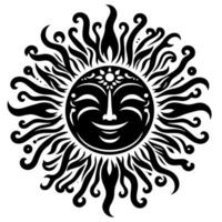 Preto e branco silhueta do uma Sol símbolo com uma sorridente feliz face vetor