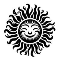 Preto e branco silhueta do uma Sol símbolo com uma sorridente feliz face vetor