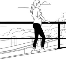 jovem mulher é caminhando em a ponte dentro plano estilo vetor