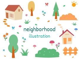 Vizinhança ilustração com casas, árvores, flores e plantas dentro uma Vila. fofa rabisco para crianças dentro plano estilo Projeto vetor