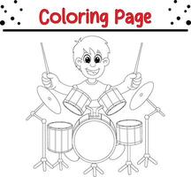 pequeno Garoto jogando tambor coloração livro página para crianças vetor