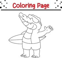 fofa crocodilo segurando prancha de surfe coloração página. animal coloração livro para crianças vetor