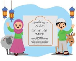 feliz eid al adha cumprimento cartão com ilustrações do muçulmanos crianças e sacrifício cabras e ovelha vetor