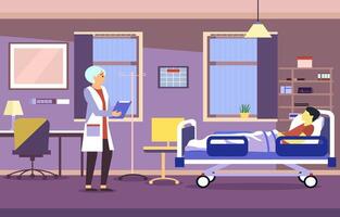 plano Projeto ilustração do mulher médico Verifica paciente saúde dentro hospital paciente internado quarto vetor