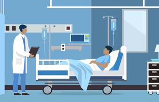 plano Projeto ilustração do masculino médico Verifica paciente saúde dentro hospital paciente internado quarto vetor