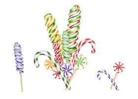 espiral açúcar doces em Gravetos, doce bengala. ramalhete com caramelos listrado redemoinhos, volta bombons. Doçura multicolorido sobremesa do vários fruta gosto. aguarela ilustração para decoração, rótulo vetor