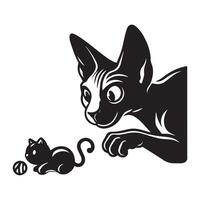 uma astuto sphynx gato esgueirar-se acima em uma brinquedo ilustração dentro Preto e branco vetor