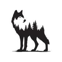 natural animal - Lobo com floresta ilustração dentro Preto e branco vetor