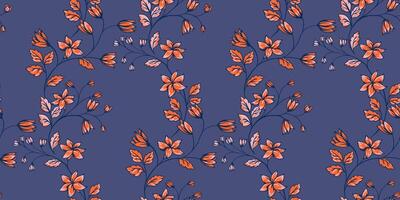 abstrato artístico selvagem floral hastes desatado padronizar em uma azul fundo. colorida florescendo galhos com minúsculo flores, sinos, folhas entrelaçados dentro impressão. mão desenhado.modelo para projeto, tecido vetor