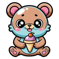 uma fofa kawaii Urso comendo gelo creme, com limpar \ limpo Preto contornos, branco fundo vetor