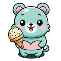 uma fofa kawaii Urso comendo gelo creme, com limpar \ limpo Preto contornos, branco fundo vetor