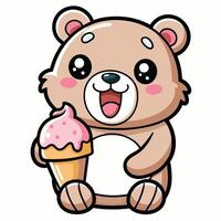 uma fofa kawaii Urso comendo gelo creme, com limpar \ limpo Preto contornos, branco fundo vetor