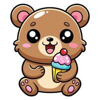 uma fofa kawaii Urso comendo gelo creme, com limpar \ limpo Preto contornos, branco fundo vetor