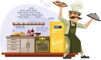 chefe de cozinha cozinhando dentro cozinha ilustração vetor