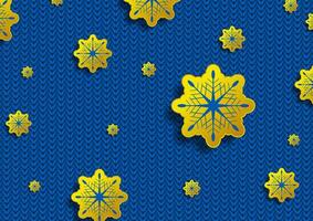 dourado flocos de neve em azul tricotado fundo vetor