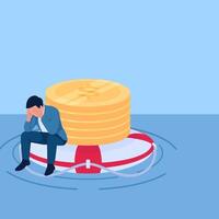 pessoas sentar pensativamente em uma natação bóia com moedas em isto, uma metáfora para financeiro ajuda. simples plano conceptual ilustração. vetor
