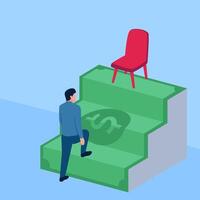 pessoas escalar uma escada do dinheiro para uma cadeira, uma metáfora para a corrupção do escritório. simples plano conceptual ilustração. drenar vetor