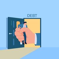 grande mão segurando uma pessoa sobre para estar colocar para dentro uma dívida sala, uma metáfora para a fardo do dívida. simples plano conceptual ilustração. vetor