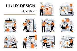 ui ux Projeto conceito com pessoas cenas conjunto dentro plano Projeto. mulheres e homens crio e otimizar layouts às telas, teste do utilizador aplicativo interface. ilustração visual histórias coleção para rede vetor