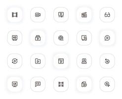 e filmes linha ícones definir. filme carretel, jogador, claquete, 3d copos, legendas, cinema. esboço pictogramas para rede e interface do usuário, ux Móvel aplicativo Projeto. editável AVC. 24x24 pixel perfeito. vetor