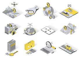 viagem período de férias serviço conceito 3d isométrico ícones definir. pacote elementos do caminhada, montanhas, bússola, global turismo, praia, mar, carro viajando e outro. ilustração dentro moderno isometria Projeto vetor