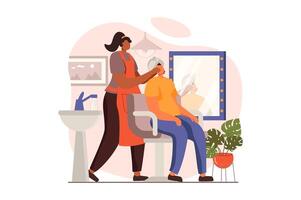 spa salão rede conceito dentro plano Projeto. profissional cosmetologista faz facial massagem para fêmea cliente dentro cosmetologia clínica. mulher recebe beleza tratamento. ilustração com pessoas cena vetor