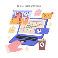 digital Ferramentas e apps ilustração uma moderno profissional navega fluxo de trabalho usando digital ferramentas, guardando tarefas organizado e Tempo gerenciou com uma virtual calendário ilustração vetor