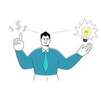 moderno jovem homem de negocios é calculando Fora quão para faço dinheiro. ilustrado metáfora do achando Ideias e soluções com luz lâmpada vetor