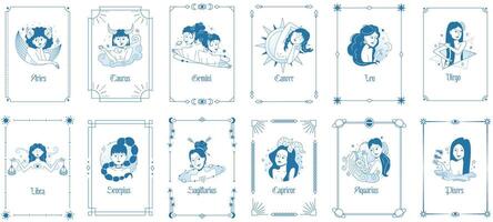 mão desenhado abstrato gráfico moderno fêmea personagens do zadíaco sinais. tarot cartões modelo, feminino astrologia, chinês horóscopo conceito vetor