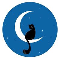 fofa Preto gato sentado em uma crescente em azul noite céu fundo. ilustração vetor